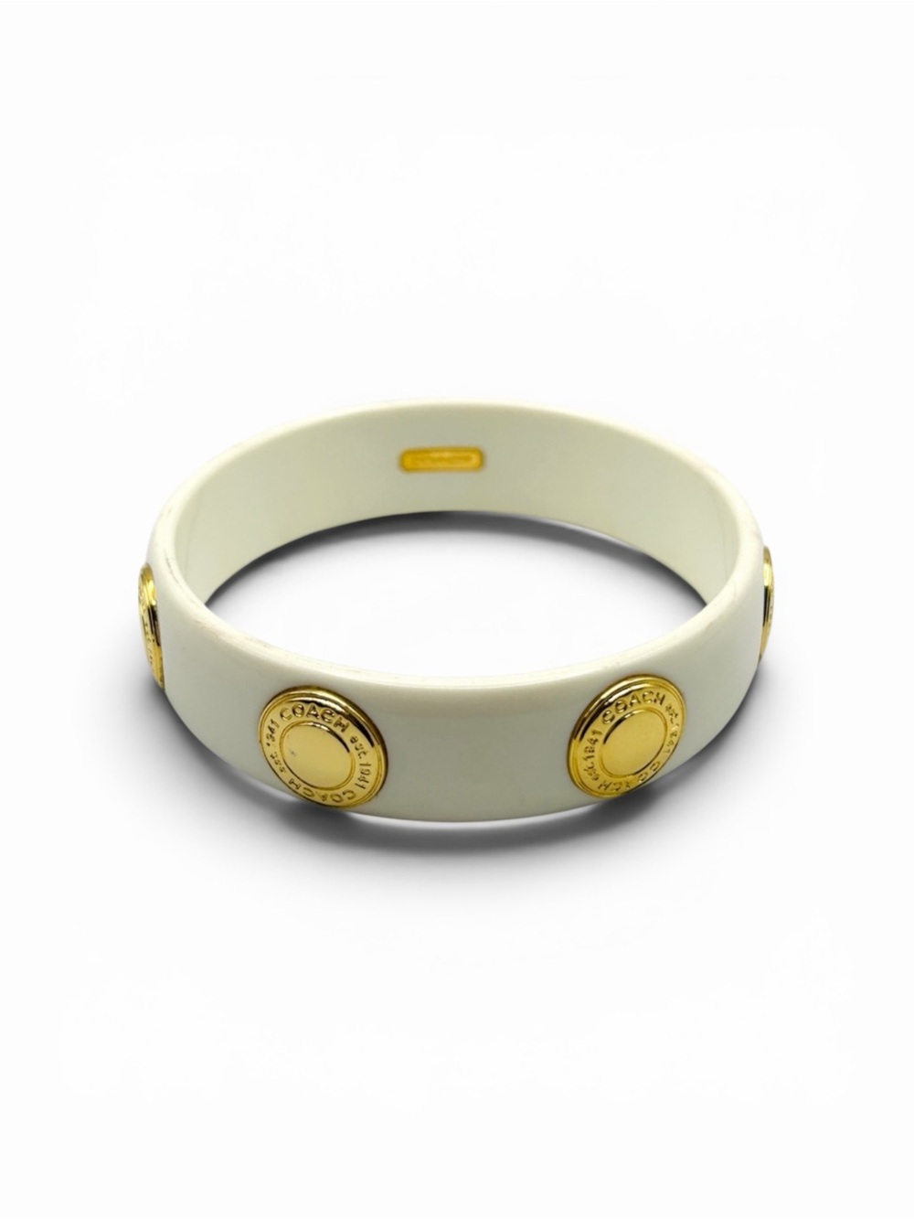 Authentic Coach White Resin Phoebe Gold Snap Medallion Bangle Bracelet 7”